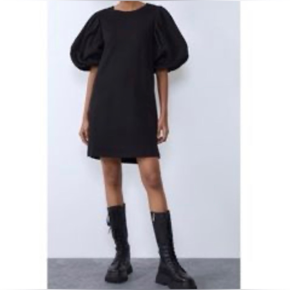 Zara Puff Sleeve Black Mini Shift Dress- 100% Cotton Sweatshirt Style Size Small